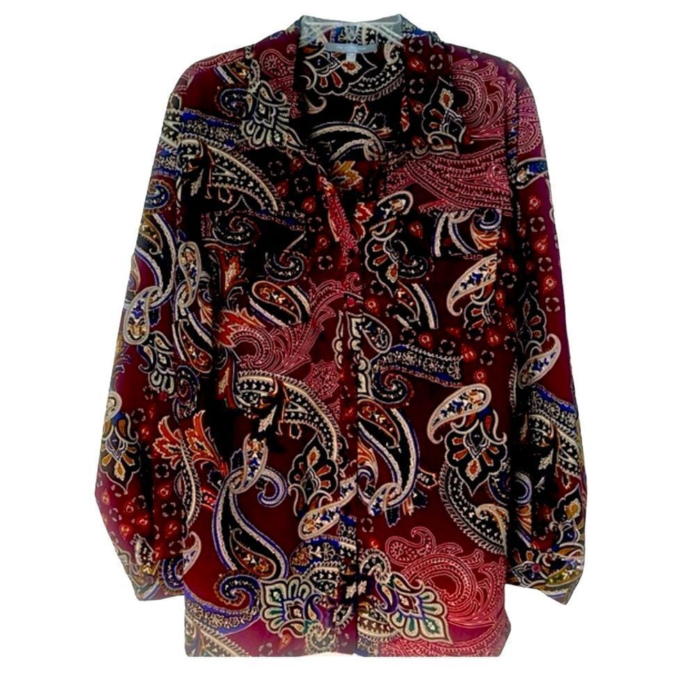 NY Collection Women’s Burgundy Button Down Long Sleeve Paisley Blouse Sz 2X
